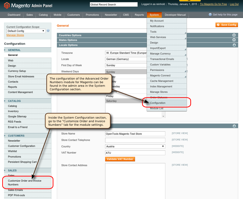 OpenTools Magento Ordernumber Settings Menu annotated
